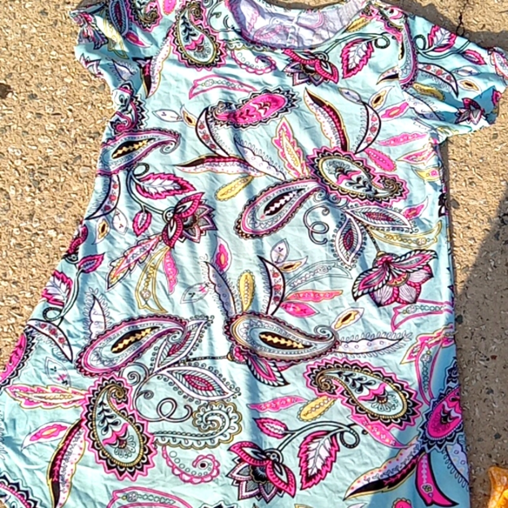 Green with hot pink and yellow multi paisley designed t shirt mini dress